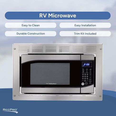 فرن ميكروويف مدمج RecPro Suburban RV 0.9 قدم مكعب. قدم. الفولاذ المقاوم للصدأ مع طقم القطع 900 واط | أدوات التحكم بلوحة اللمس، والطهي التلقائي، والبدء السريع | ميكروويف مدمج للمركبات الترفيهية والمعسكرات in Kuwait