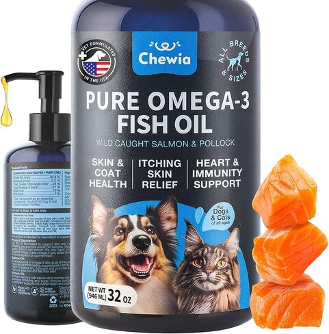 زيت السمك للكلاب والقطط - مكمل لدعم الجلد والمعطف للحيوانات الأليفة - أحماض أوميغا 3 6 9 الدهنية - حكة الجلد، التساقط، المناعة، المفاصل - EPA DHA - سمك السلمون البري وطعام بولوك in Kuwait