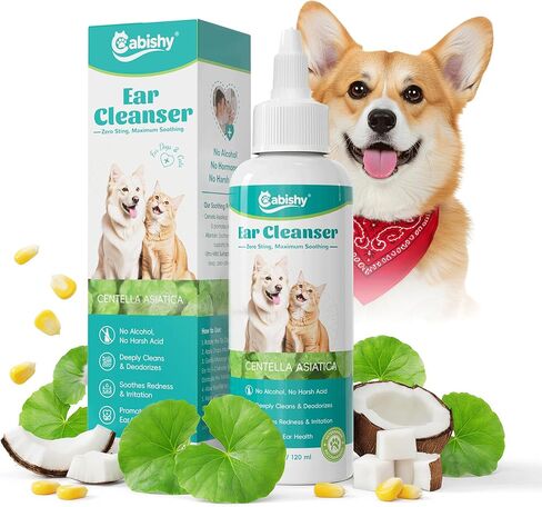 Cabishy Dog & Cat Ear Cleaner for Itchy, Smelly Ears – Gentle Ear Wax Removal & Soothing Ear Wash with Centella Asiatica, Alcohol-Free Pet Ear Cleaning Solution for Dogs & Cats (4oz) in Kuwait