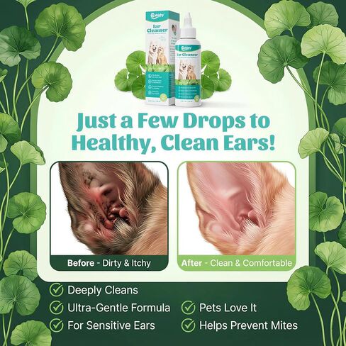 Cabishy Dog & Cat Ear Cleaner for Itchy, Smelly Ears – Gentle Ear Wax Removal & Soothing Ear Wash with Centella Asiatica, Alcohol-Free Pet Ear Cleaning Solution for Dogs & Cats (4oz) in Kuwait