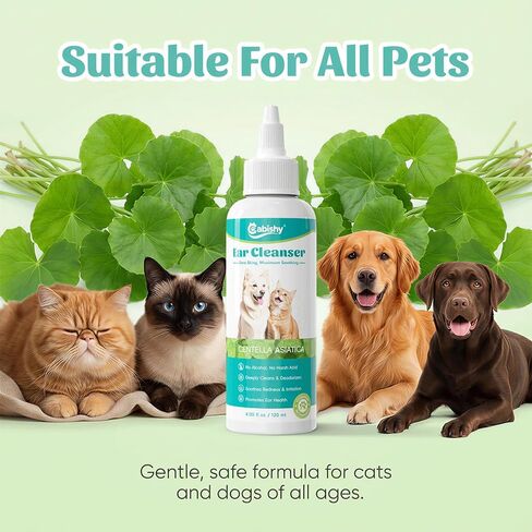 Cabishy Dog & Cat Ear Cleaner for Itchy, Smelly Ears – Gentle Ear Wax Removal & Soothing Ear Wash with Centella Asiatica, Alcohol-Free Pet Ear Cleaning Solution for Dogs & Cats (4oz) in Kuwait