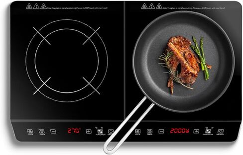 Electric Hot Plate, 2000W Countertop Double Burner with Adjustable Temperature & Handles, Stainless Steel Coil Electric Stove for Cooking Cooktop for Home Kitchen Dorm RV Camp, Black, Small in Kuwait