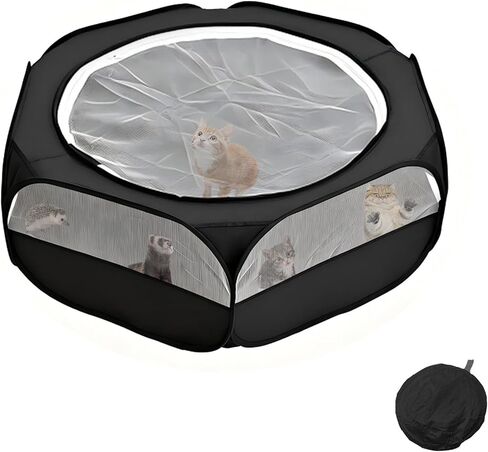 Small Animals Playpen with Top Zippered Cover, Portable Hexagonal Foldable Pet Tent, High-Strength Steel & Breathable Mesh, Indoor Outdoor Yard Fence for Rabbits, Chinchillas, Hedgehogs (Black) in Kuwait