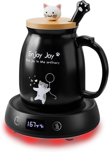 Coffee Mug Warmer with Cute Cat Mug Set, 8H Auto Shut Off Electric Cup Warmer for Desk Office Home, 1-9H Delay Start Timer Candle Beverage Coffee Warmer with 3 Temperature Setting, Ideas for Women Men in Saudi Arabia