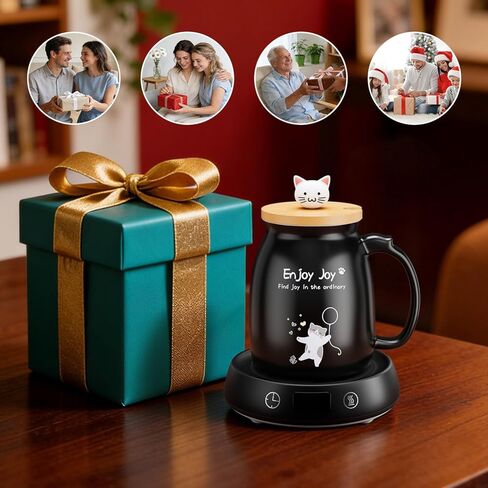 Coffee Mug Warmer with Cute Cat Mug Set, 8H Auto Shut Off Electric Cup Warmer for Desk Office Home, 1-9H Delay Start Timer Candle Beverage Coffee Warmer with 3 Temperature Setting, Ideas for Women Men in Saudi Arabia