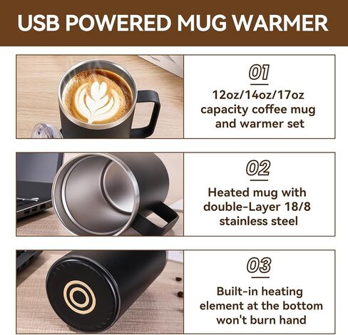 مجموعة أكواب تسخين القهوة للمكتب، كوب قهوة ذاتي التسخين مع غطاء، كوب قهوة كهربائي USB مع التحكم في درجة الحرارة (أسود - 14 أونصة) in Kuwait