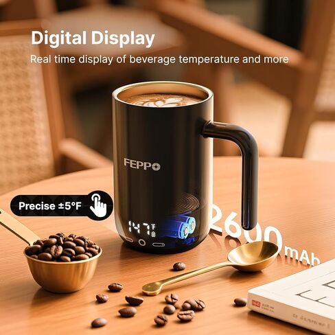 FEPPO Coffee Mug Warmer, 16oz Heated Coffee Mug with Titanium Coating, Real-Time Digital Display, Built-in 2600mAh Battery with Charging Base, Temperature Control Smart Mug, Great Gift for Women/Men in Kuwait