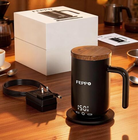FEPPO Coffee Mug Warmer, 16oz Heated Coffee Mug with Titanium Coating, Real-Time Digital Display, Built-in 2600mAh Battery with Charging Base, Temperature Control Smart Mug, Great Gift for Women/Men in Kuwait