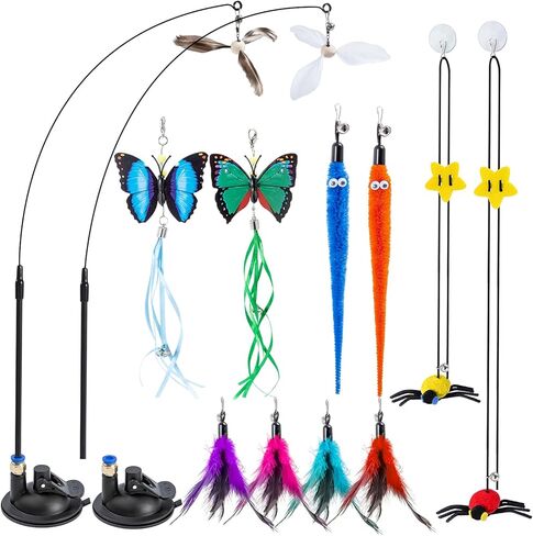 3-in-1 Cat Wand Toys,12Pcs Interactive Cat Feather Toys for Indoor Self Play & Exercise,2 Reusable Strong Suction Cups,2 Hanging Spider Toys for Kitten in Kuwait