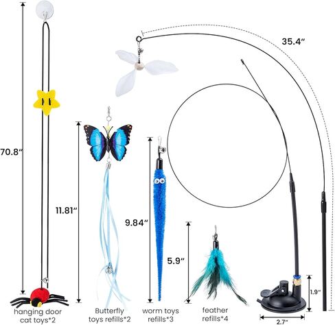 3-in-1 Cat Wand Toys,12Pcs Interactive Cat Feather Toys for Indoor Self Play & Exercise,2 Reusable Strong Suction Cups,2 Hanging Spider Toys for Kitten in Kuwait