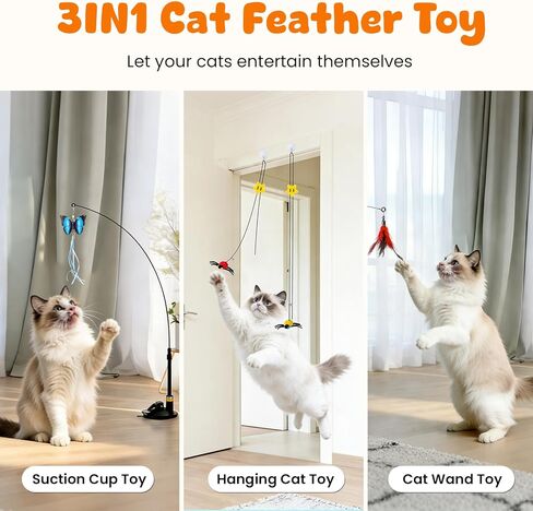 3-in-1 Cat Wand Toys,12Pcs Interactive Cat Feather Toys for Indoor Self Play & Exercise,2 Reusable Strong Suction Cups,2 Hanging Spider Toys for Kitten in Kuwait