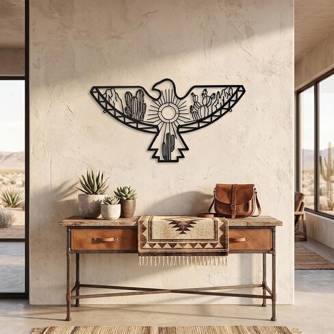Lounsweer Aztec Eagle Southwest Metal Wall Art فن جدار معدني ديكور خارجي معدني حديث جدار النحت الفني لتزيين كابينة المزرعة الريفية ديكور جدار المكتب المنزلي (أسود) in Kuwait