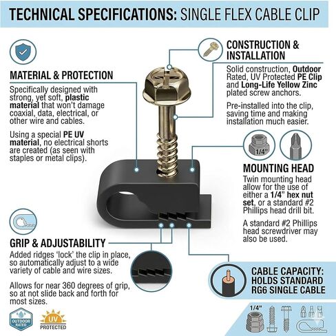 مشابك كابلات أحادية محورية من Stanz (TM) Flex، Cat6، مشبك كابل سلك كهربائي، مشبك لولبي ومثبت 1/4 بوصة (6 مم)، أسود (100 قطعة لكل حقيبة) in Kuwait