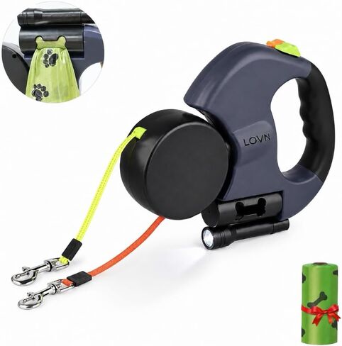 LOVN Retractable Dual (2) Dog Leash 16ft Heavy-Duty, All-in-One Leash with LED Flashlight, Poop Bag Holder & Chew-Proof Extension, Tangle-Free for Small to Large Dogs (Blue) in Kuwait