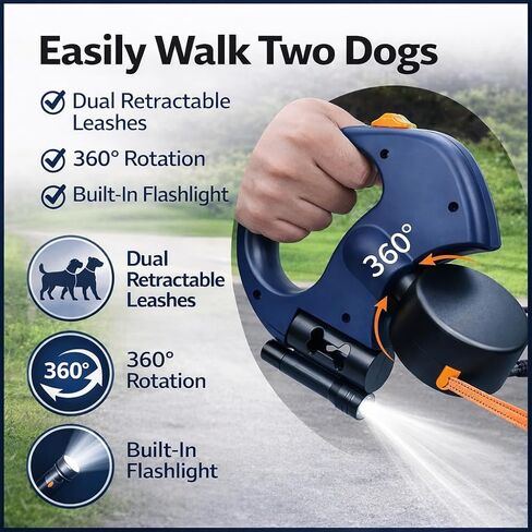 LOVN Retractable Dual (2) Dog Leash 16ft Heavy-Duty, All-in-One Leash with LED Flashlight, Poop Bag Holder & Chew-Proof Extension, Tangle-Free for Small to Large Dogs (Blue) in Kuwait