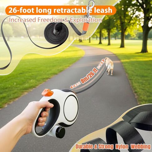 Retractable Dog Leash 26ft Heavy-Duty for Medium & Large Dogs - Upgraded Lock, Tangle-Free, Ergonomic Grip - Perfect for Walking, Running, Outdoor Training (White) in Kuwait