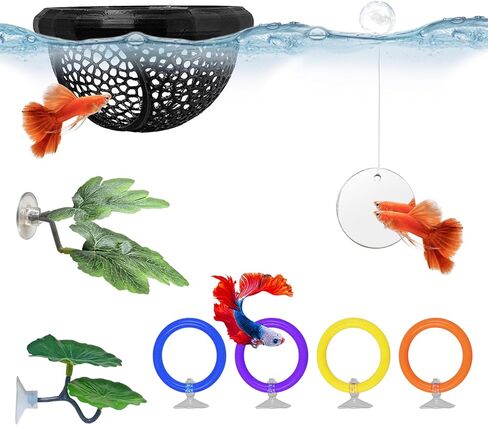 Floating Betta Hammock & Fish Toys Set,7Pcs Betta Fish Tank Accessories Mirror and Exercise Ring with Leaf Hammock Simulates Natural Habitat Comfortable Resting for Betta, Shrimp & Small Fish in Kuwait
