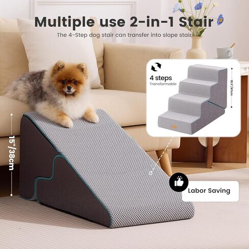 Gardner Pet Dog Stairs for Small Dogs 18.5" H, Small 2 in 1 Transformable 4-Step Pet Stairs and Dog ramp, Steps for Couch with Durable Non-Slip Waterproof Fabric Cover and Soft Foam, Grey in Kuwait