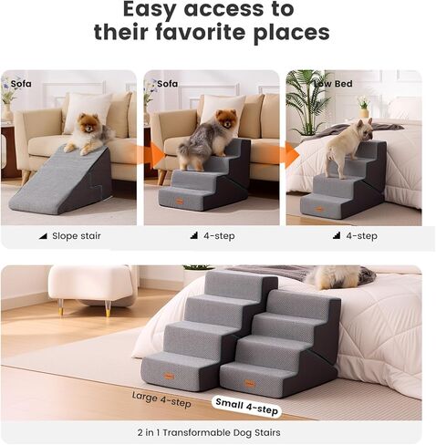 Gardner Pet Dog Stairs for Small Dogs 18.5" H, Small 2 in 1 Transformable 4-Step Pet Stairs and Dog ramp, Steps for Couch with Durable Non-Slip Waterproof Fabric Cover and Soft Foam, Grey in Kuwait