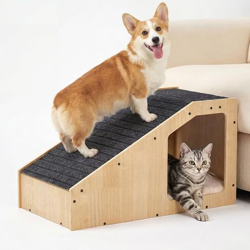 Veehoo Small Dog Ramp for Bed Couch, Pet Ramps for Dogs to Get on Bed Couch with Cat Cave Condo Non Slip Surface and Bottom Pad, 16" Wide Wooden Doggy Stairs Puppy Steps Small Ramp Ladder for Indoor in Kuwait