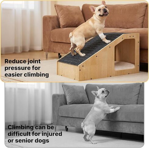Veehoo Small Dog Ramp for Bed Couch, Pet Ramps for Dogs to Get on Bed Couch with Cat Cave Condo Non Slip Surface and Bottom Pad, 16" Wide Wooden Doggy Stairs Puppy Steps Small Ramp Ladder for Indoor in Kuwait