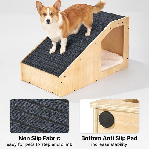 Veehoo Small Dog Ramp for Bed Couch, Pet Ramps for Dogs to Get on Bed Couch with Cat Cave Condo Non Slip Surface and Bottom Pad, 16" Wide Wooden Doggy Stairs Puppy Steps Small Ramp Ladder for Indoor in Kuwait