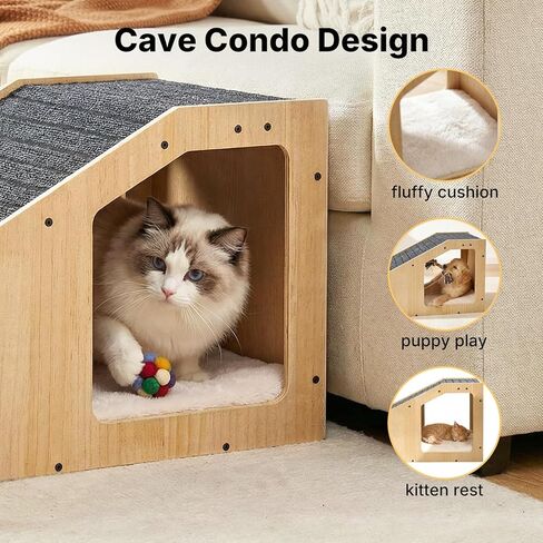 Veehoo Small Dog Ramp for Bed Couch, Pet Ramps for Dogs to Get on Bed Couch with Cat Cave Condo Non Slip Surface and Bottom Pad, 16" Wide Wooden Doggy Stairs Puppy Steps Small Ramp Ladder for Indoor in Kuwait