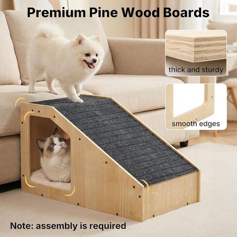 Veehoo Small Dog Ramp for Bed Couch, Pet Ramps for Dogs to Get on Bed Couch with Cat Cave Condo Non Slip Surface and Bottom Pad, 16" Wide Wooden Doggy Stairs Puppy Steps Small Ramp Ladder for Indoor in Kuwait