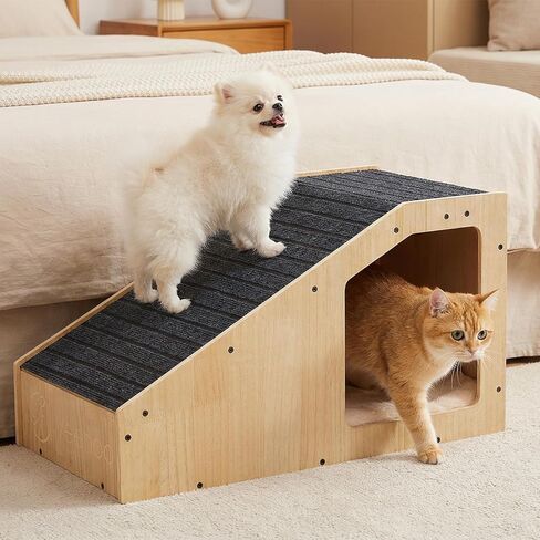 Veehoo Small Dog Ramp for Bed Couch, Pet Ramps for Dogs to Get on Bed Couch with Cat Cave Condo Non Slip Surface and Bottom Pad, 16" Wide Wooden Doggy Stairs Puppy Steps Small Ramp Ladder for Indoor in Kuwait