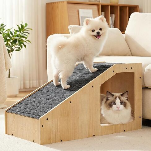 Veehoo Small Dog Ramp for Bed Couch, Pet Ramps for Dogs to Get on Bed Couch with Cat Cave Condo Non Slip Surface and Bottom Pad, 16" Wide Wooden Doggy Stairs Puppy Steps Small Ramp Ladder for Indoor in Kuwait