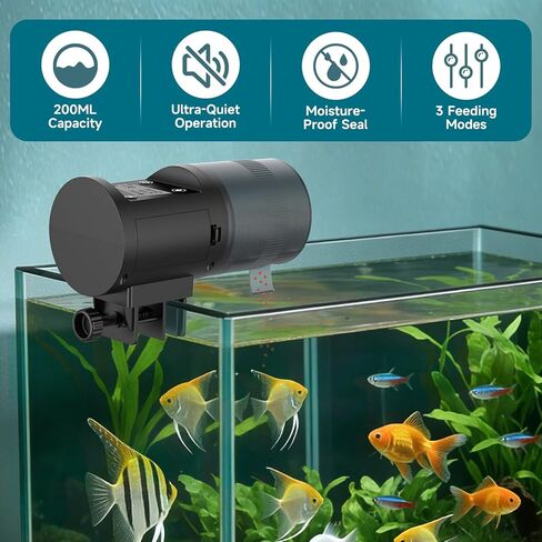 AQQA Automatic Fish Feeder for Aquarium, 200ml Large Capacity Moisture-Proof Fish Feeder Automatic Dispenser with LCD Timer, Battery Operated Auto Fish Feeder for Betta, Turtle, Fish, Koi, Small Tank in Kuwait