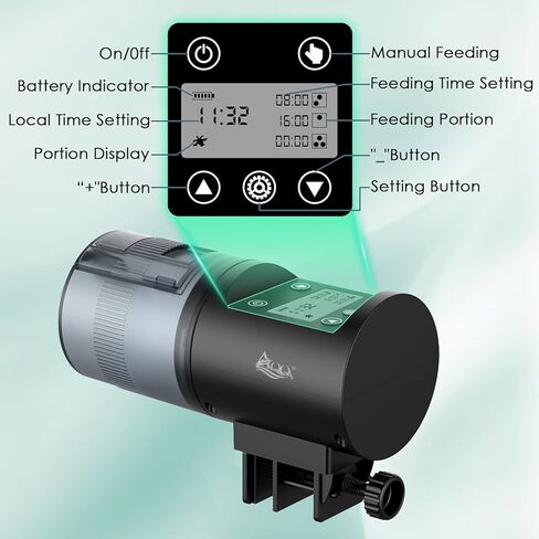 AQQA Automatic Fish Feeder for Aquarium, 200ml Large Capacity Moisture-Proof Fish Feeder Automatic Dispenser with LCD Timer, Battery Operated Auto Fish Feeder for Betta, Turtle, Fish, Koi, Small Tank in Kuwait