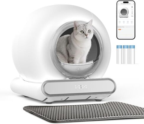 Self Cleaning Litter Box, Integrated Safety Automatic Cat Litter Box Self Cleaning 65L+9L for Multiple Cats, App Control, Odor Removal, Includes Mat & Liner (3 Rolls) - White in Kuwait