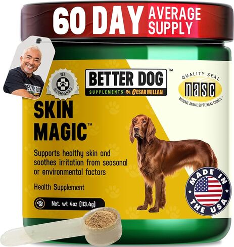 مكملات Better Dog Supplements Skin Magic من سيزار ميلان - مكمل طبيعي للبشرة والمعطف لتهيج الكلاب من العوامل الموسمية، والبقع الساخنة، ومكمل لجلد الكلاب لتخفيف الحكة - 4 أونصة (إمداد لمدة 60 يومًا) in Kuwait