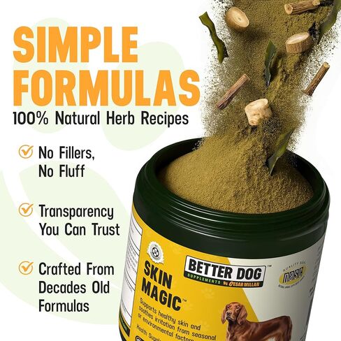 مكملات Better Dog Supplements Skin Magic من سيزار ميلان - مكمل طبيعي للبشرة والمعطف لتهيج الكلاب من العوامل الموسمية، والبقع الساخنة، ومكمل لجلد الكلاب لتخفيف الحكة - 4 أونصة (إمداد لمدة 60 يومًا) in Kuwait