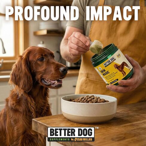 مكملات Better Dog Supplements Skin Magic من سيزار ميلان - مكمل طبيعي للبشرة والمعطف لتهيج الكلاب من العوامل الموسمية، والبقع الساخنة، ومكمل لجلد الكلاب لتخفيف الحكة - 4 أونصة (إمداد لمدة 60 يومًا) in Kuwait