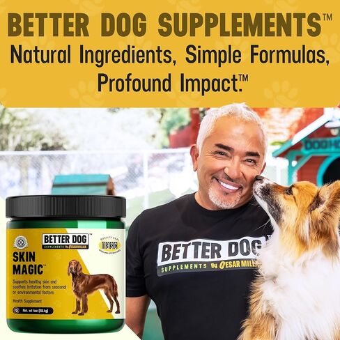 مكملات Better Dog Supplements Skin Magic من سيزار ميلان - مكمل طبيعي للبشرة والمعطف لتهيج الكلاب من العوامل الموسمية، والبقع الساخنة، ومكمل لجلد الكلاب لتخفيف الحكة - 4 أونصة (إمداد لمدة 60 يومًا) in Kuwait