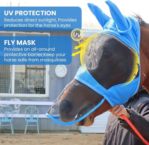 Fly Masks for Horses with Ears and Nose Cover Large Eye Space, Adjustable Horse Fly Mask for Daily UV Protection Breathable Comfort Fit Riding & Competition(Blue, L) in Saudi Arabia