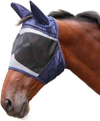 قناع FlyGuard Pro Fine Mesh Fly من Shires مع أذنين ومقدمة مفتوحة - حجم قطعة خبز | شبكة خفيفة الوزن قابلة للتنفس وحماية من الذباب والحشرات |الإقبال والرعي والاستخدام المستقر | اللون البحري in Kuwait