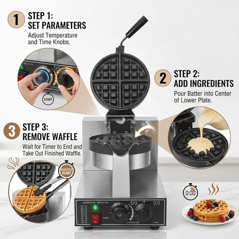 Commercial Waffle Maker 1300W Non-Stick Waffle Iron Rotatable 180° Waffle Baker Machine With Temp and Time Control for Bakery Snack Bar Family in Kuwait