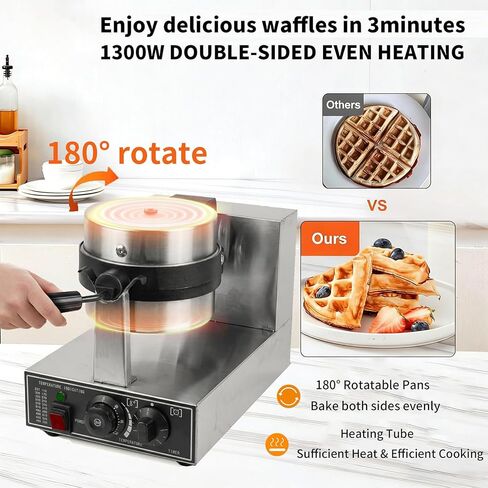 Commercial Waffle Maker 1300W Non-Stick Waffle Iron Rotatable 180° Waffle Baker Machine With Temp and Time Control for Bakery Snack Bar Family in Kuwait