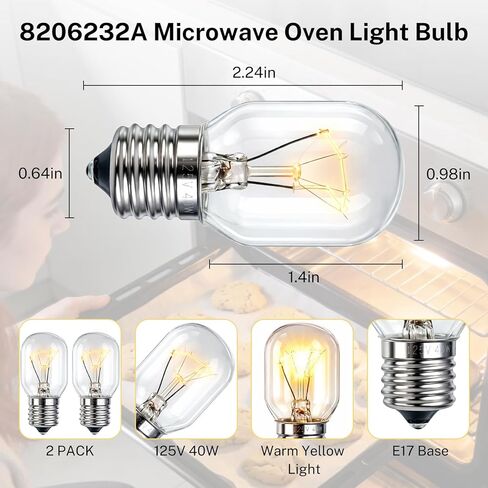 8206232A لمبة ضوء الميكروويف 2 حزمة، قاعدة E17 40W ضوء أصفر دافئ لدوامة كينمور مايتاج، استبدل R0712016 1890433 W10598935، ينطبق على شفاط فرن الثلاجة in Kuwait