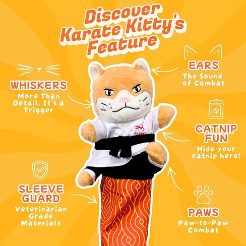 قفاز مصارعة القطط من KARATE KITTY ولعبة دمية مع أكمام ذراع واقية - لعبة ملاكمة تفاعلية للقطط للقطط الداخلية مع جيب النعناع البري وأذنين مجعدة in Kuwait