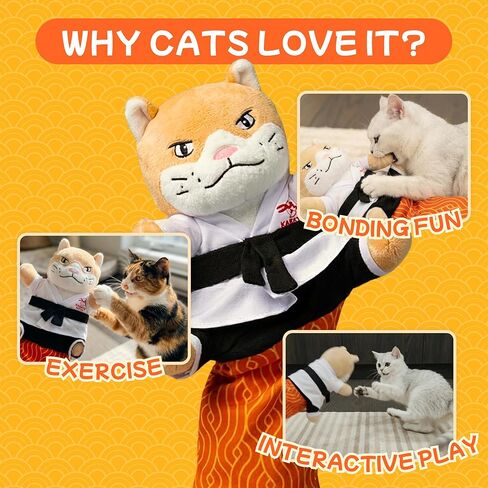 قفاز مصارعة القطط من KARATE KITTY ولعبة دمية مع أكمام ذراع واقية - لعبة ملاكمة تفاعلية للقطط للقطط الداخلية مع جيب النعناع البري وأذنين مجعدة in Kuwait