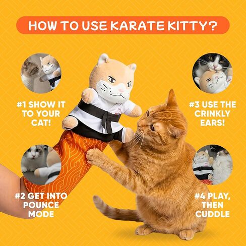 قفاز مصارعة القطط من KARATE KITTY ولعبة دمية مع أكمام ذراع واقية - لعبة ملاكمة تفاعلية للقطط للقطط الداخلية مع جيب النعناع البري وأذنين مجعدة in Kuwait