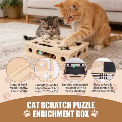 Cat Scratch Puzzle Enrichment Box, Smooth Solid Wood Cat Nail File Enrichment Box with Built-in Sandpaper, Cat Nail File Box Stress Free Alternative to Clippers & Grinders(No Bell Ball) in Kuwait