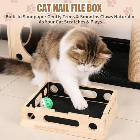 Cat Scratch Puzzle Enrichment Box, Smooth Solid Wood Cat Nail File Enrichment Box with Built-in Sandpaper, Cat Nail File Box Stress Free Alternative to Clippers & Grinders(No Bell Ball) in Kuwait