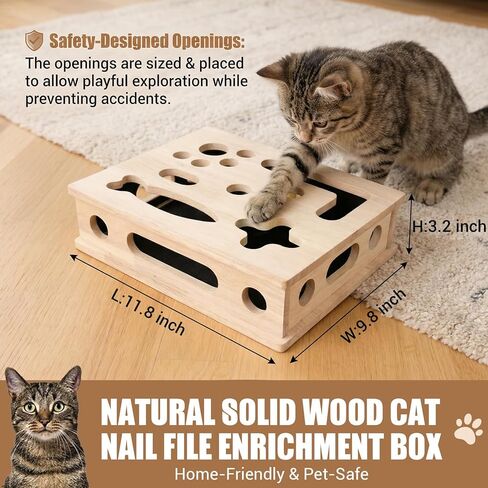 Cat Scratch Puzzle Enrichment Box, Smooth Solid Wood Cat Nail File Enrichment Box with Built-in Sandpaper, Cat Nail File Box Stress Free Alternative to Clippers & Grinders(No Bell Ball) in Kuwait