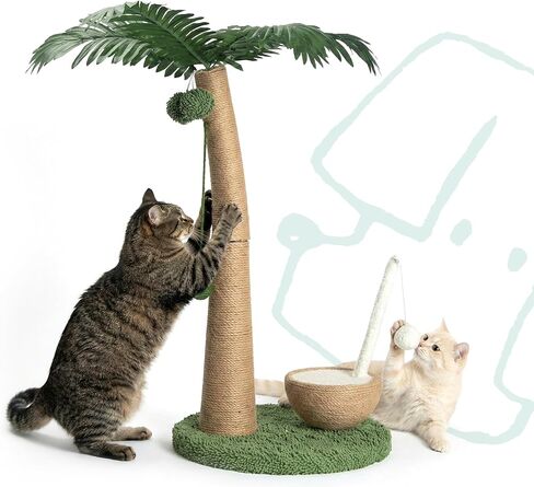 33" Tall Cat Scratching Post, Natural Jute Cat Scratcher for Indoor Cats, Coconut Tree Design with Hanging Toy Ball & Rest Platform, Stable Furniture Protector for Kittens & Adult Cats, L in Kuwait