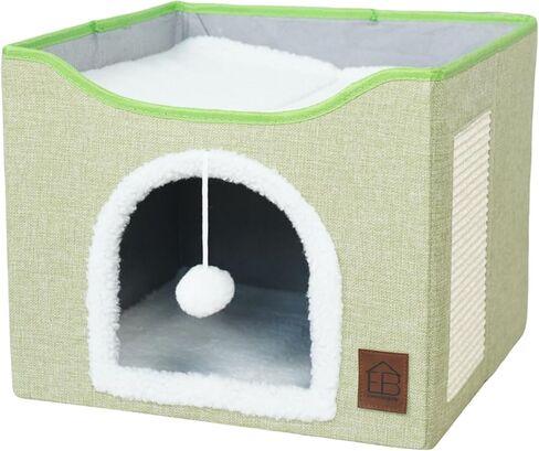 سرير EverBrightly Cat Condo | كهف للحيوانات الأليفة قابل للطي مع وسادة خدش ووسادة ذات وجهين وكرة لعبة معلقة | مخبأ داخلي، ومقعد صالة ومسرح، وكتان متين مع شيربا دافئ in Kuwait